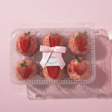 Load image into Gallery viewer, Strawberry cupcakes in a clear plastic packaging with a pink bow.
