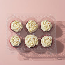 Load image into Gallery viewer, Six cupcakes with white frosting in a clear plastic container on a wooden surface.
